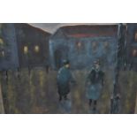 Modern British school oil on board, study of two figures in a street at night, housed in a