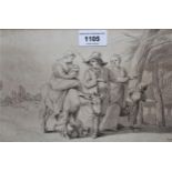 Attributed to John White Abbott, monochrome pen and ink drawing, group of travellers on a country