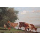 Early 19th Century oil on oak panel, young lady with cattle by a lake, heavy gilt framed, 8ins x