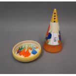 Clarice Cliff Crocus pattern conical sugar caster, 5.25ins high together with a similar small