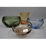 Two Whitefriars pillow bowls and Whitefriars orange glass vase and another bowl, all by James Hogan,