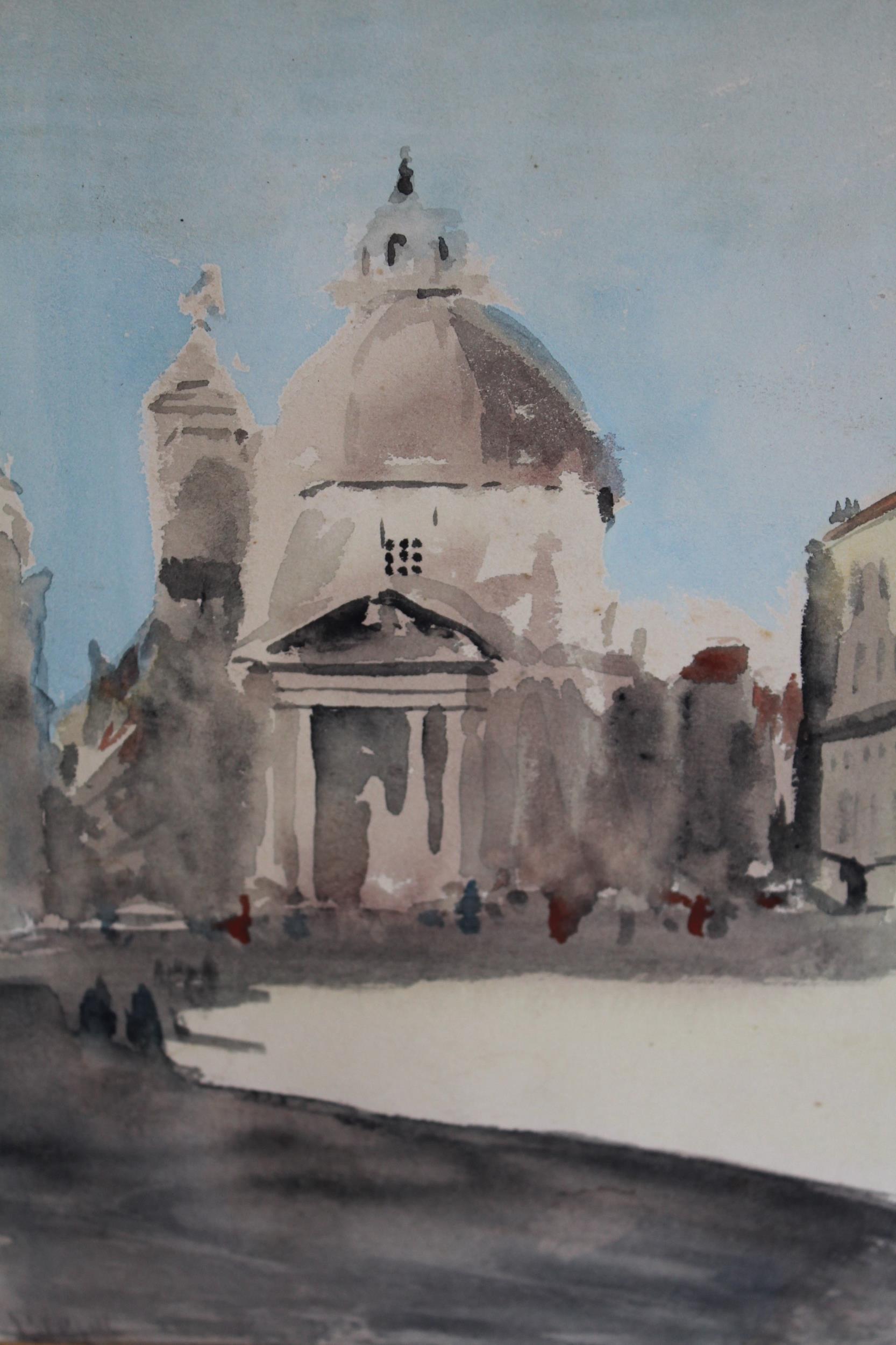 Hercules Brabazon Brabazon, watercolour, figures before a church in a piazza, indistinctly