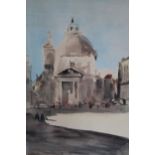 Hercules Brabazon Brabazon, watercolour, figures before a church in a piazza, indistinctly