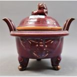 Chinese Sang du Boeuf two handled censer with cover, 7.5ins high One handle has been broken off