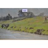 Bernard Sickert, pastel drawing, landscape with cattle grazing, signed, 10ins x 17ins approximately,