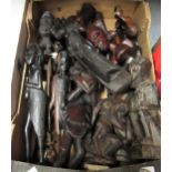 Box containing a quantity of 20th Century African carved hardwood figures