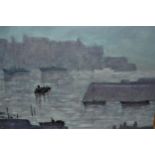 Oil on canvas board, misty harbour scene with mixed shipping, 13.5ins x 17.5ins