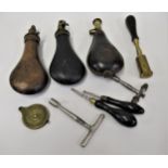 Quantity of various 19th Century shooting accessories including two unusual rifle flasks, a brass