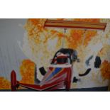 Oil on board, study of a dragster, signed Benjamen, together with a modern collage picture signed