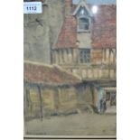 Jules Lessore, watercolour, view of a timber framed building with figures in archway, signed,