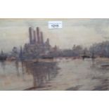 Gregory Robinson, signed watercolour and gouache, shipping on the Thames near Battersea, 10.5ins x