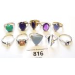 Group of ten various silver dress rings set gem and semi precious stones