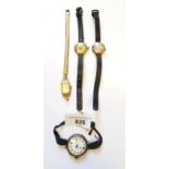 Two ladies 14ct gold cased wristwatches with leather straps and two other wristwatches