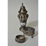 Birmingham silver sugar caster together with two silver salts, 9.5 troy ounces