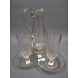 Victorian etched glass lemonade set comprising: a baluster form jug with scroll handle, two pedestal