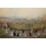 Helen Bradley, coloured print of figures in a park, with blind stamp and signed in pencil by the