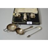 Birmingham silver three piece condiment set in fitted box, (lacking spoons), two silver tea