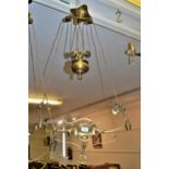 Pair of Arts and Crafts two branch rise and fall brass light fittings Both need rewiring,