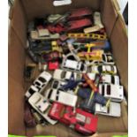 Box containing a quantity of various diecast metal play worn Dinky and Corgi toy cars etc.