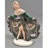 Large Goldscheider Art Deco pottery figure of a dancing girl in floral dress, 13ins high Restoration