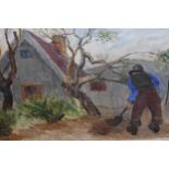 A. Kolb, signed oil on canvas, figure working in a garden, 7ins x 11ins