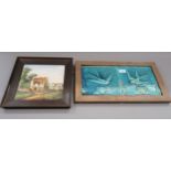 Pair of Victorian turquoise glazed pottery tiles decorated in relief with swallows, 8.25ins