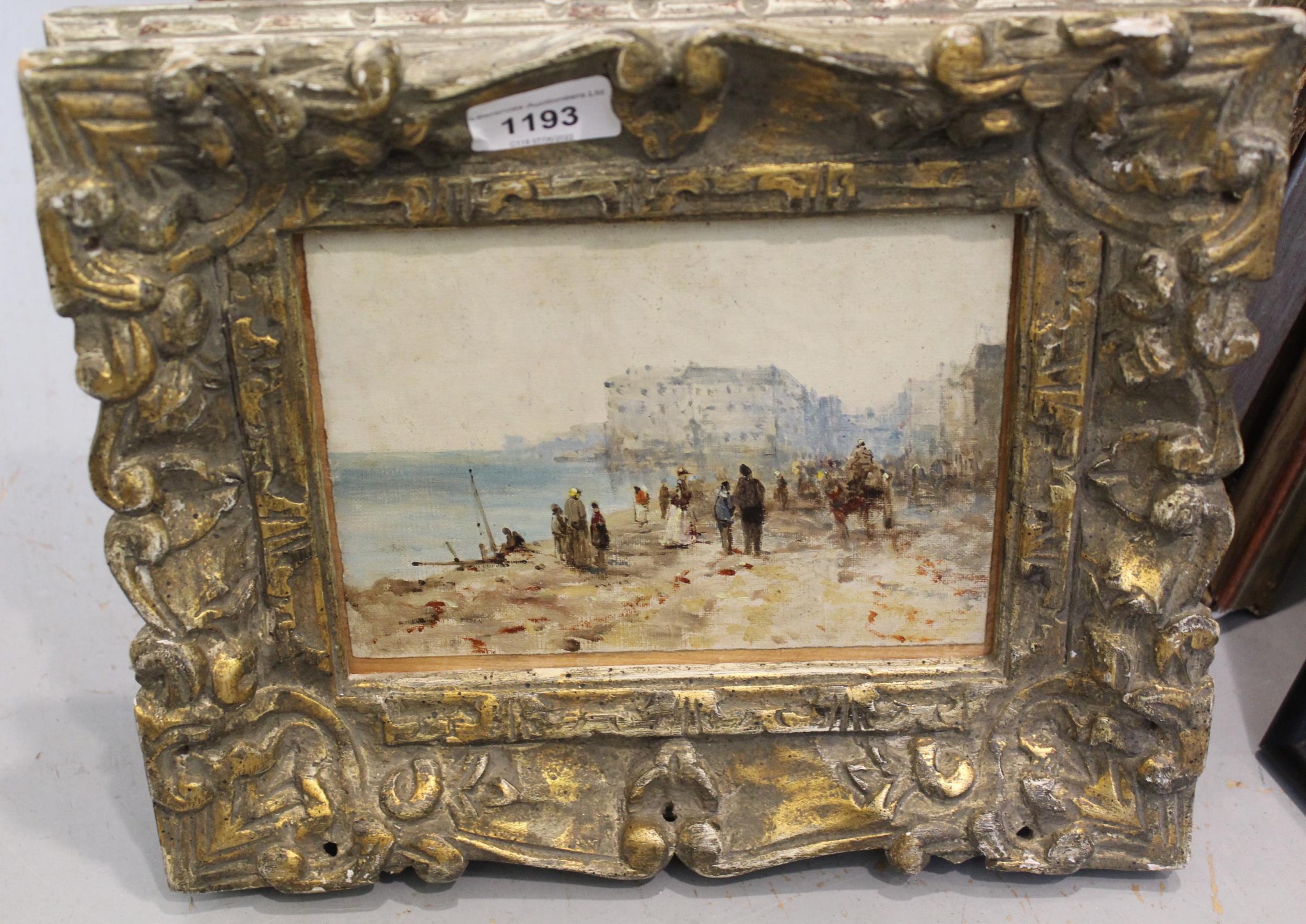 Oil on paper laid onto board, Continental coastal town with figures on a promenade, carved - Image 2 of 2