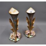 Pair of late 19th Century porcelain, gilded and silvered spill vases with applied and painted floral