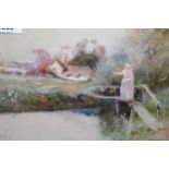 Thomas MacKay, watercolour, girl on a bridge before a distant village church, 7.25ins x 10.25ins,