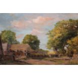 Robert Fowler, signed oil on canvas, landscape with farmyard, 15.5ins x 21.5ins