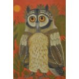 Sheila Flinn, oil on canvas, stylised study of an owl on a red ground, signed, 17ins x 11.5ins,