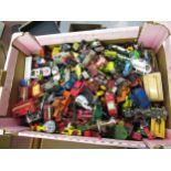 Box containing a large quantity of various diecast metal play worn vehicles