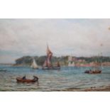 B. Gribble, watercolour, coastal inlet with fishing boats and figures before a distant town, signed,