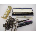 Two Parker fountain pens, similar pencil and various other pens etc.