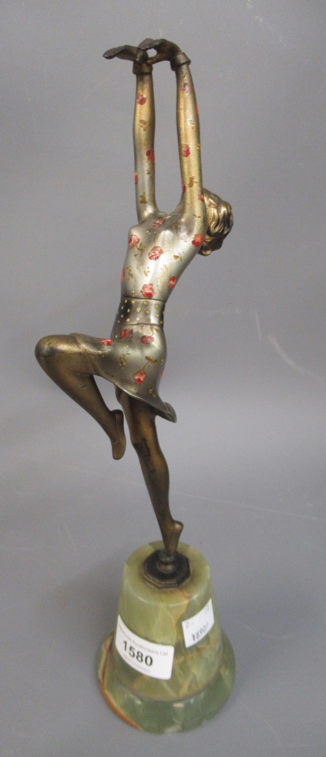 Josef Lorenzl, Art Deco bronze patinated and painted figure of a dancing girl, on green marble - Image 2 of 12