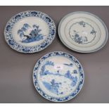 Group of three 18th / 19th Century Chinese blue and white plates, the largest 9.25ins, all