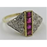 18ct Yellow gold ring set with a central strip of rubies flanked by diamonds, size N.5