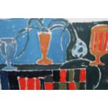 Oil on paper loosely laid on board, abstract study with wine glass, stamped monogram, 15.5ins x