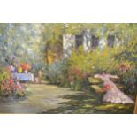 Aleksandr Kolotilov, 20th Century Russian school, oil on canvas, garden scene with lady seated on