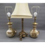 Pair of Japanese pottery baluster form vases adapted for use as table lamps, together with a gilt