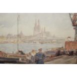 An unframed watercolour, port scene with figures unloading boats, signed Gyrth ( Gyrth Russell ),