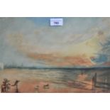 H. Goffey, pair of coloured mezzotints, sunset beach scenes, together with a pair of black and white