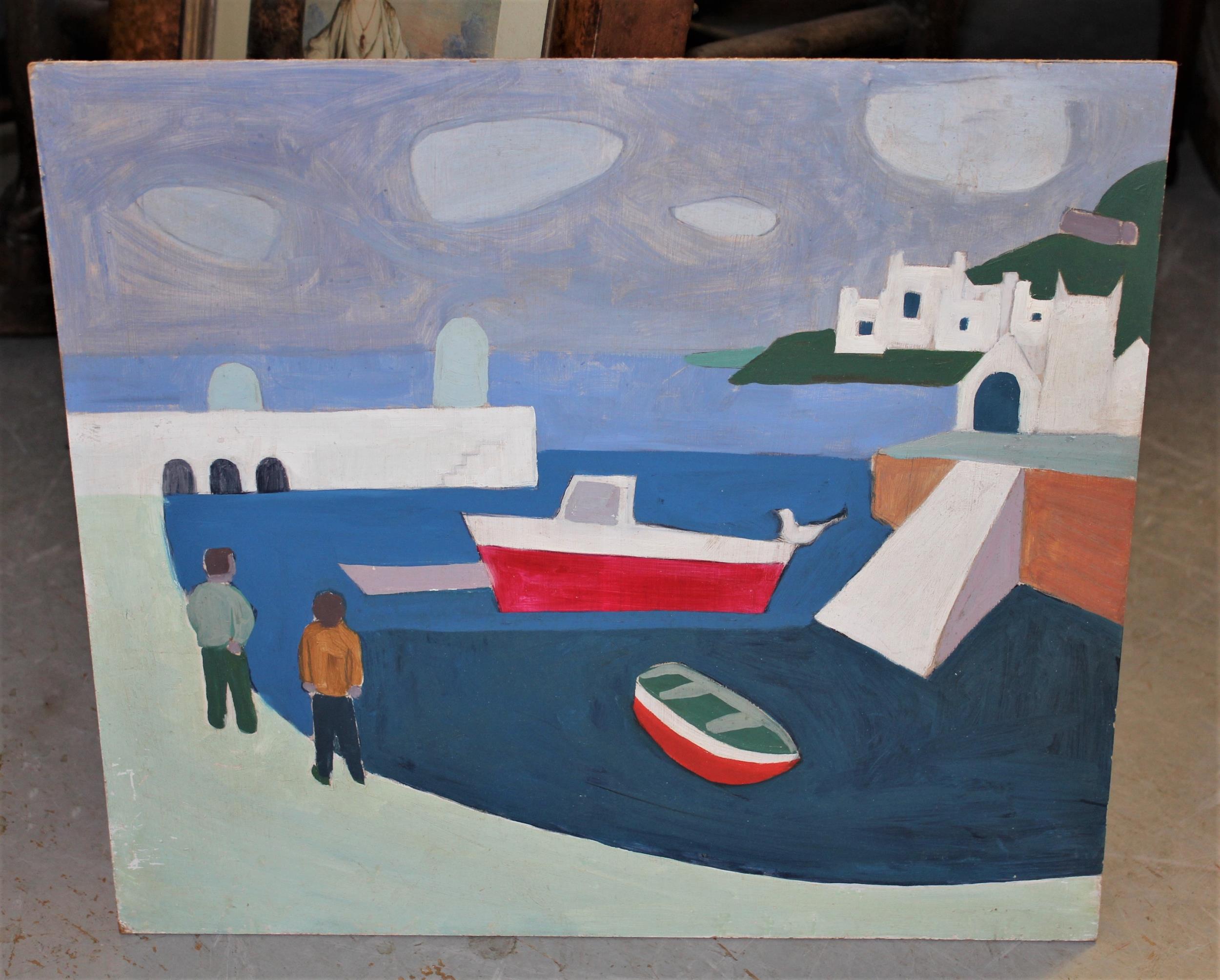 Two unframed St Ives school oils, still life with lemon and study of figures on a quayside (St - Image 3 of 5