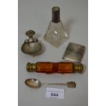 Small silver shell form salt, silver vesta case, rifle club spoon, double ended amber glass scent