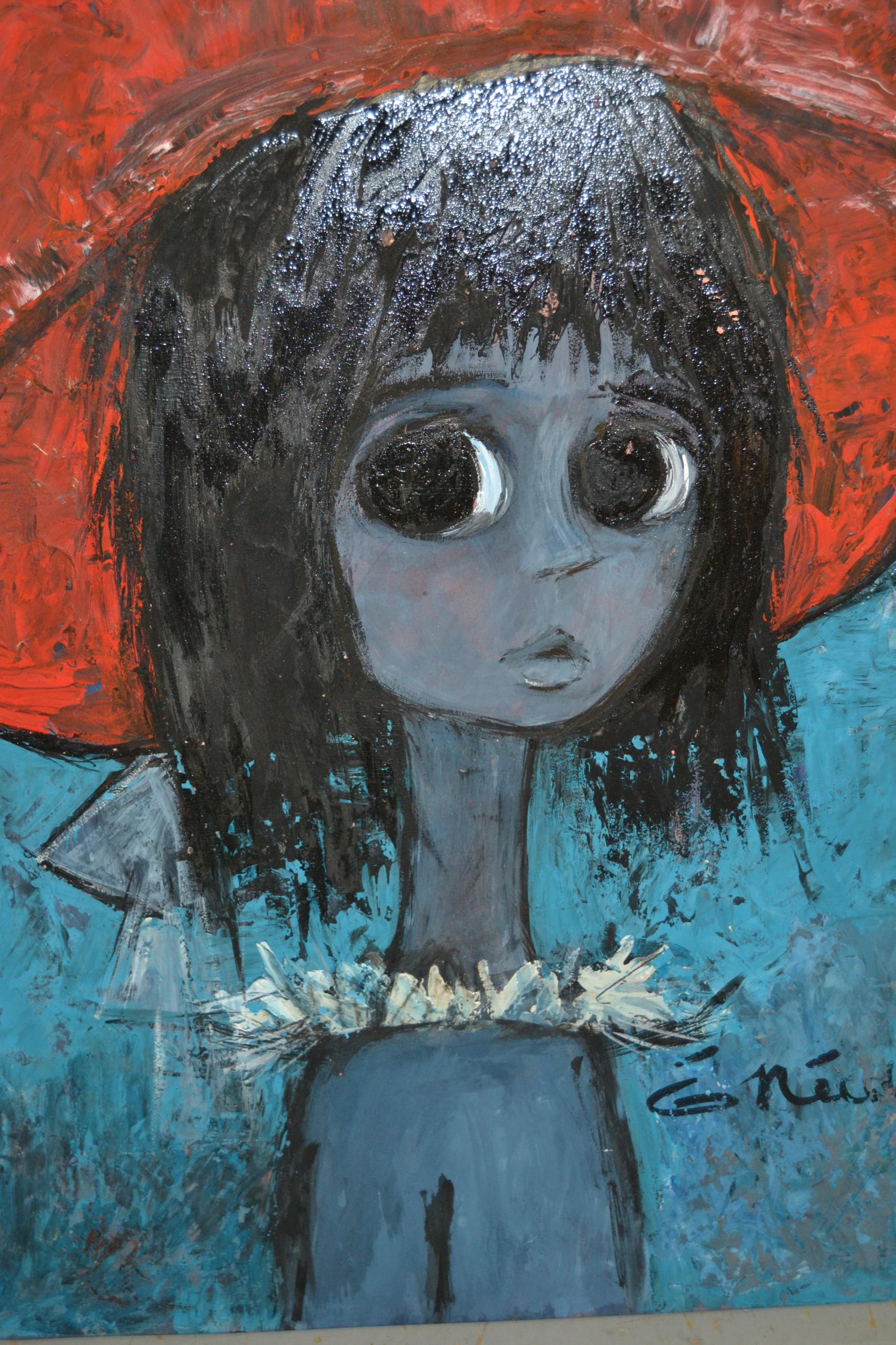 G. Neill, late 20th Century oil on card, young girl in a red hat, unframed, 20ins x 14ins, - Image 5 of 5