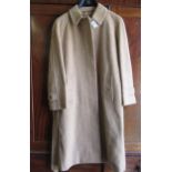 'Burberrys' gentleman's camel and wool coat with belt, on a Burberry hanger small to medium