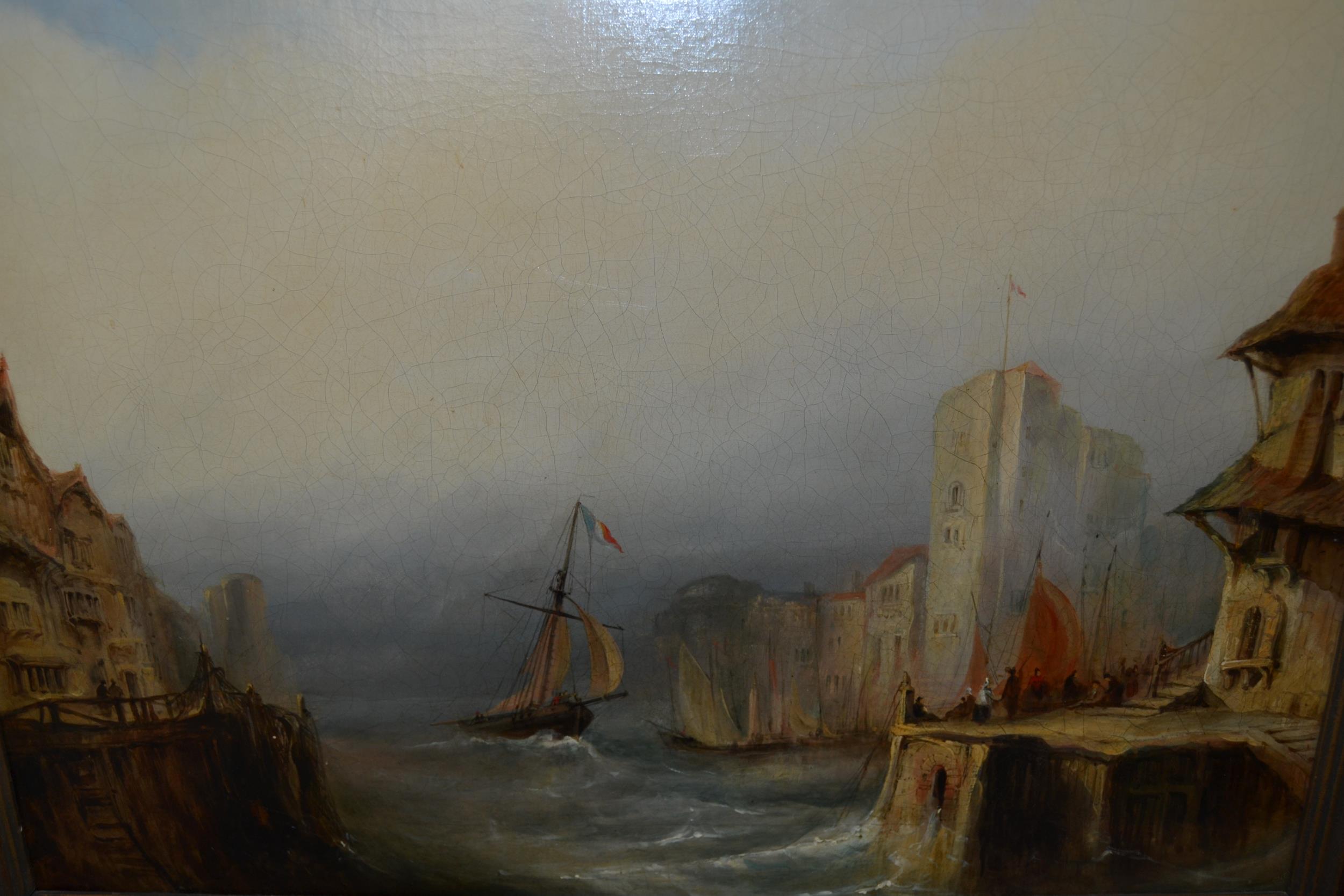 Early 19th Century oil on canvas, Dutch sailing vessel entering harbour, 17ins x 23ins, housed in