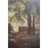 Early 20th Century oil on canvas board, study of a young girl in a sunlit woodland gateway,