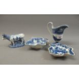 19th Century Wedgwood blue transfer printed cream jug, together with two English pickle dishes (