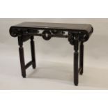 20th Century Chinese exotic hardwood altar table, the scroll ends with carved pierced frieze and